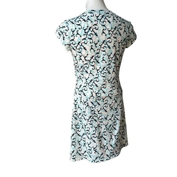 Athleta Nectar Blue White Scroll Vine Faux-Wrap Dress, Sz XS - Picture 5 of 12